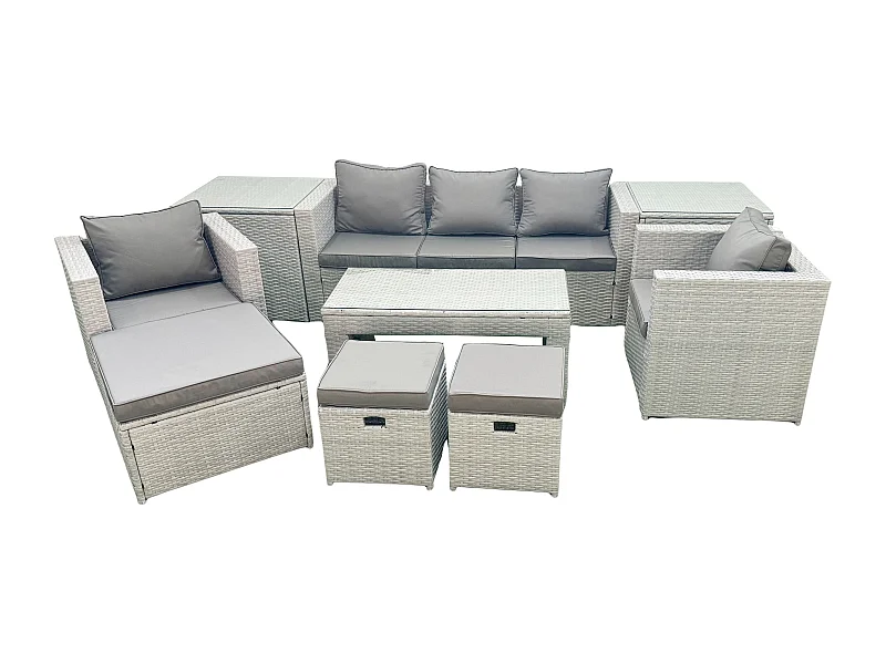 Salon de jardin 8 places Canapé de jardin Table basse oblongue avec 2 Chaises 3 Tabourets 2 Tables d'appoint Gris clair mixte