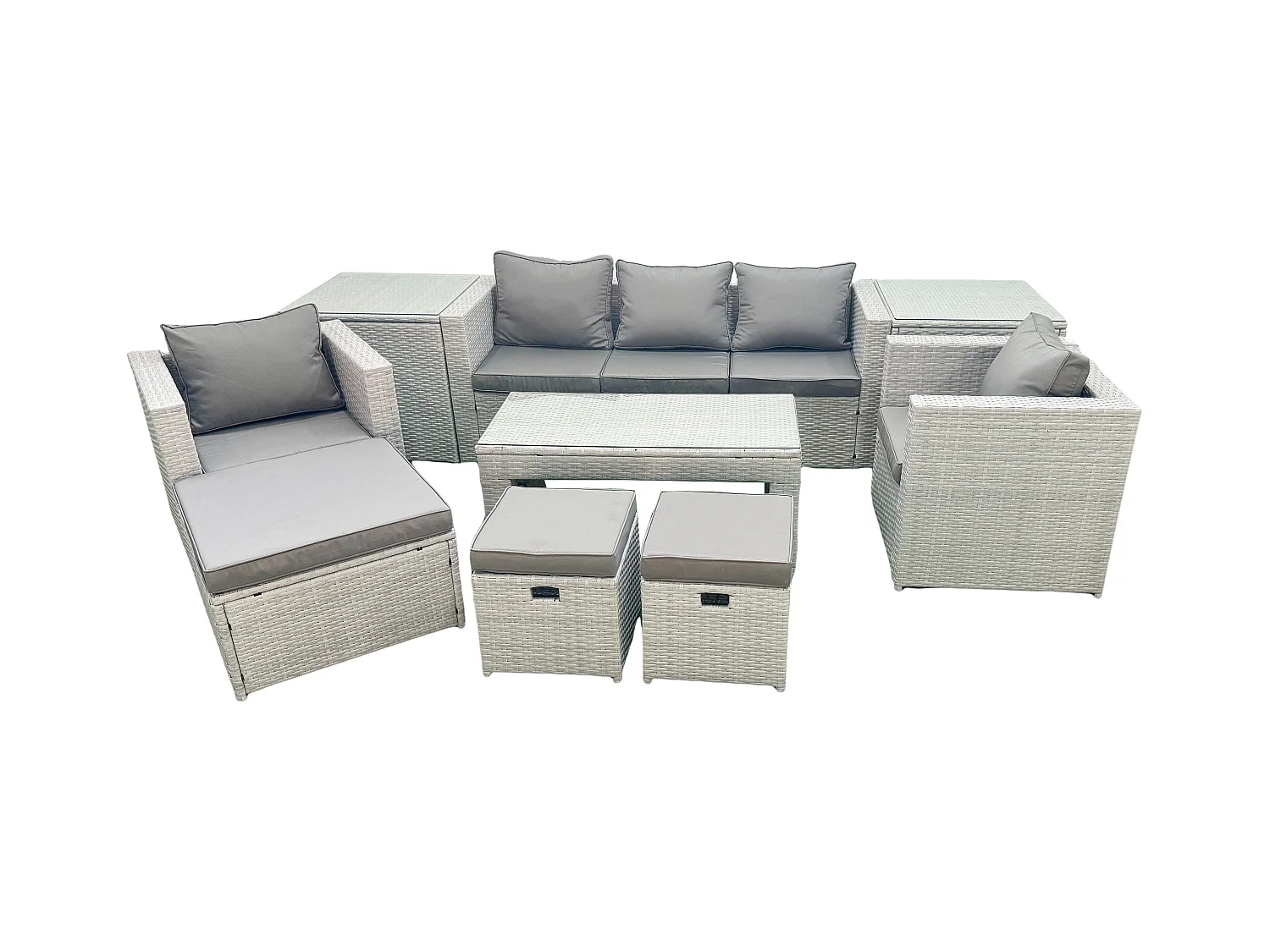 Polyrattan Gartenmöbel Set 8-Sitzer Outdoor Garten Sofa Rechteckiger Couchtisch Set mit 2 Sesseln 3 Hockern 2 Beistelltischen Hellgrau gemischt
