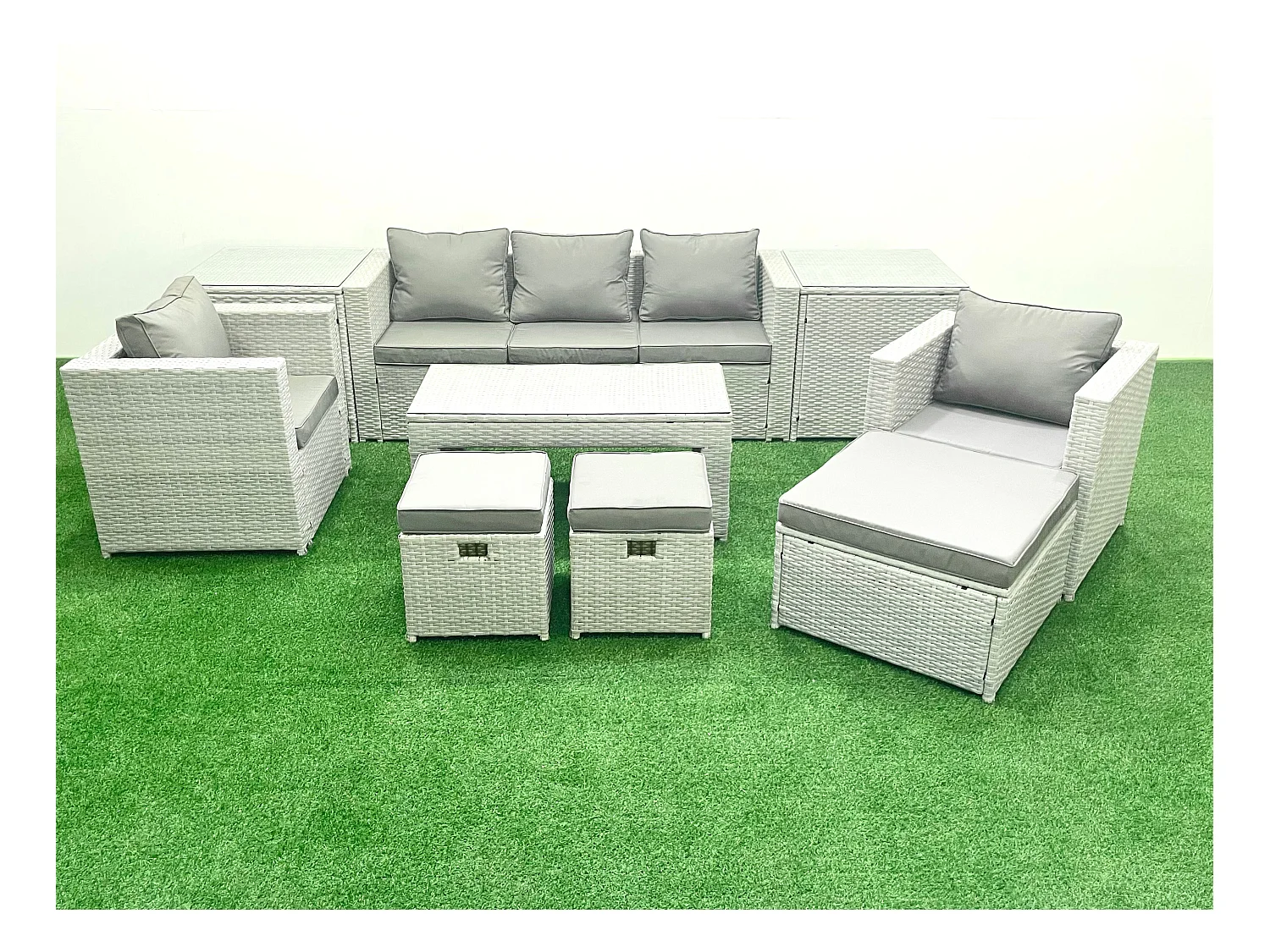 Polyrattan Gartenmöbel Set 8-Sitzer Outdoor Garten Sofa Rechteckiger Couchtisch Set mit 2 Sesseln 3 Hockern 2 Beistelltischen Hellgrau gemischt