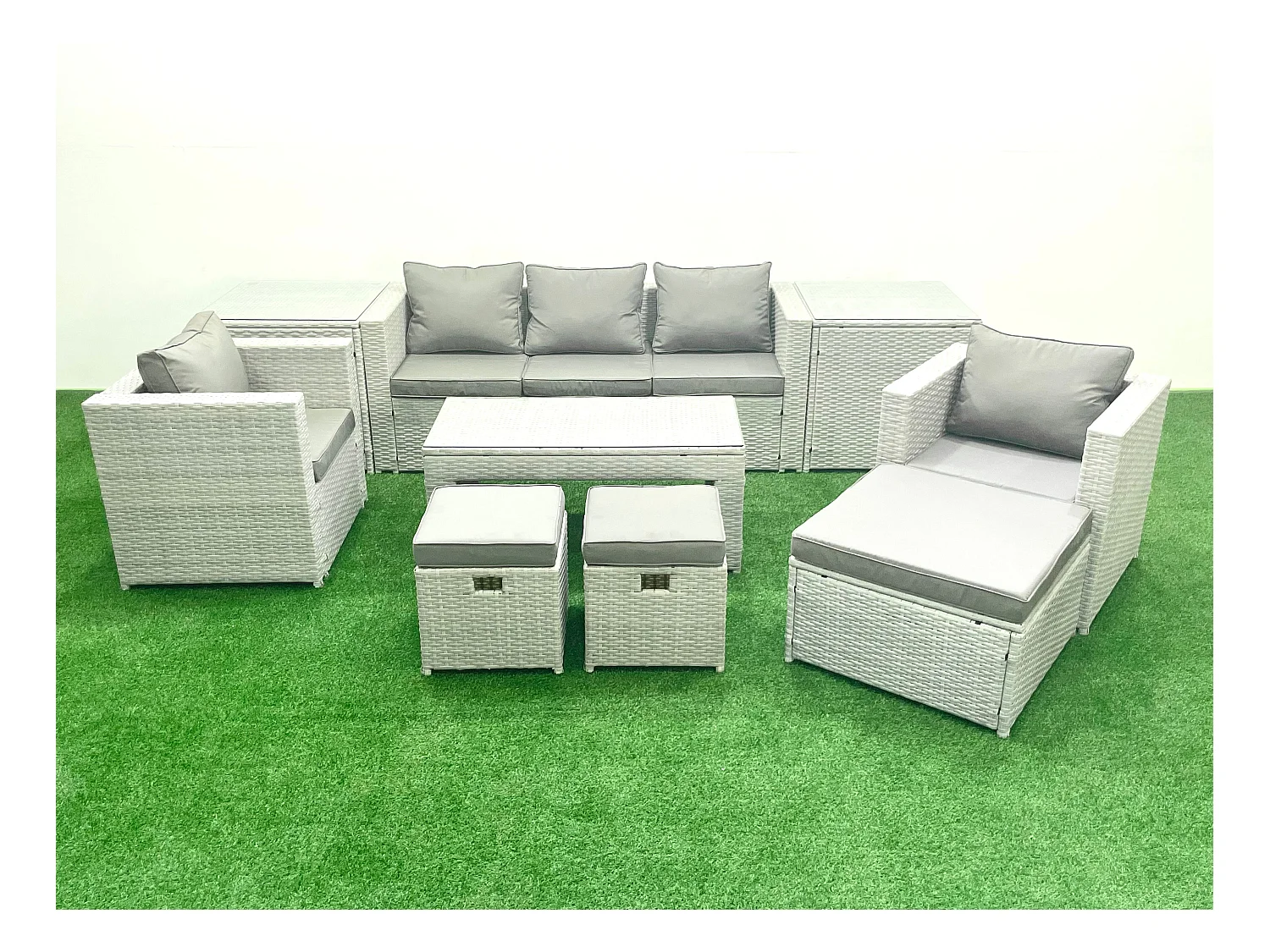 Polyrattan Gartenmöbel Set 8-Sitzer Outdoor Garten Sofa Rechteckiger Couchtisch Set mit 2 Sesseln 3 Hockern 2 Beistelltischen Hellgrau gemischt