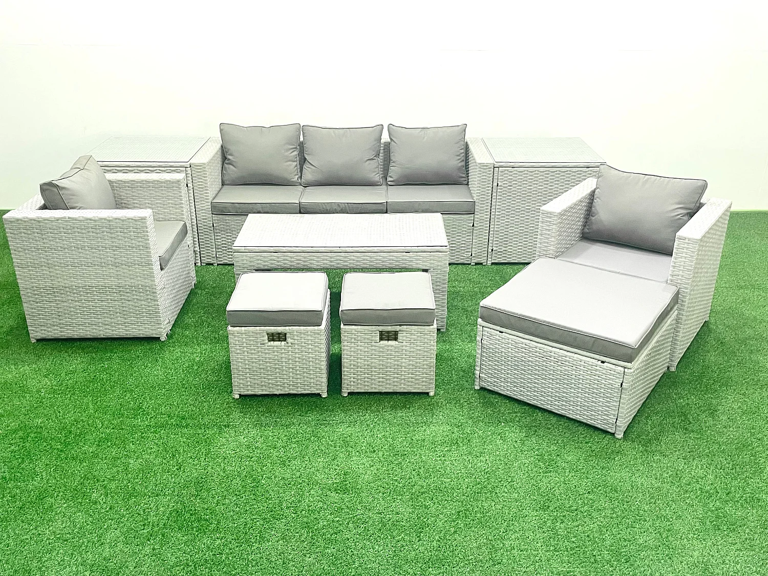 Fimous Rattan Garden Furniture Set 8 Seater Outdoor Garden Sofa Oblong Coffee Table Set with 2 Chairs 3 Stools 2 Side Tables Light Grey Mixed
