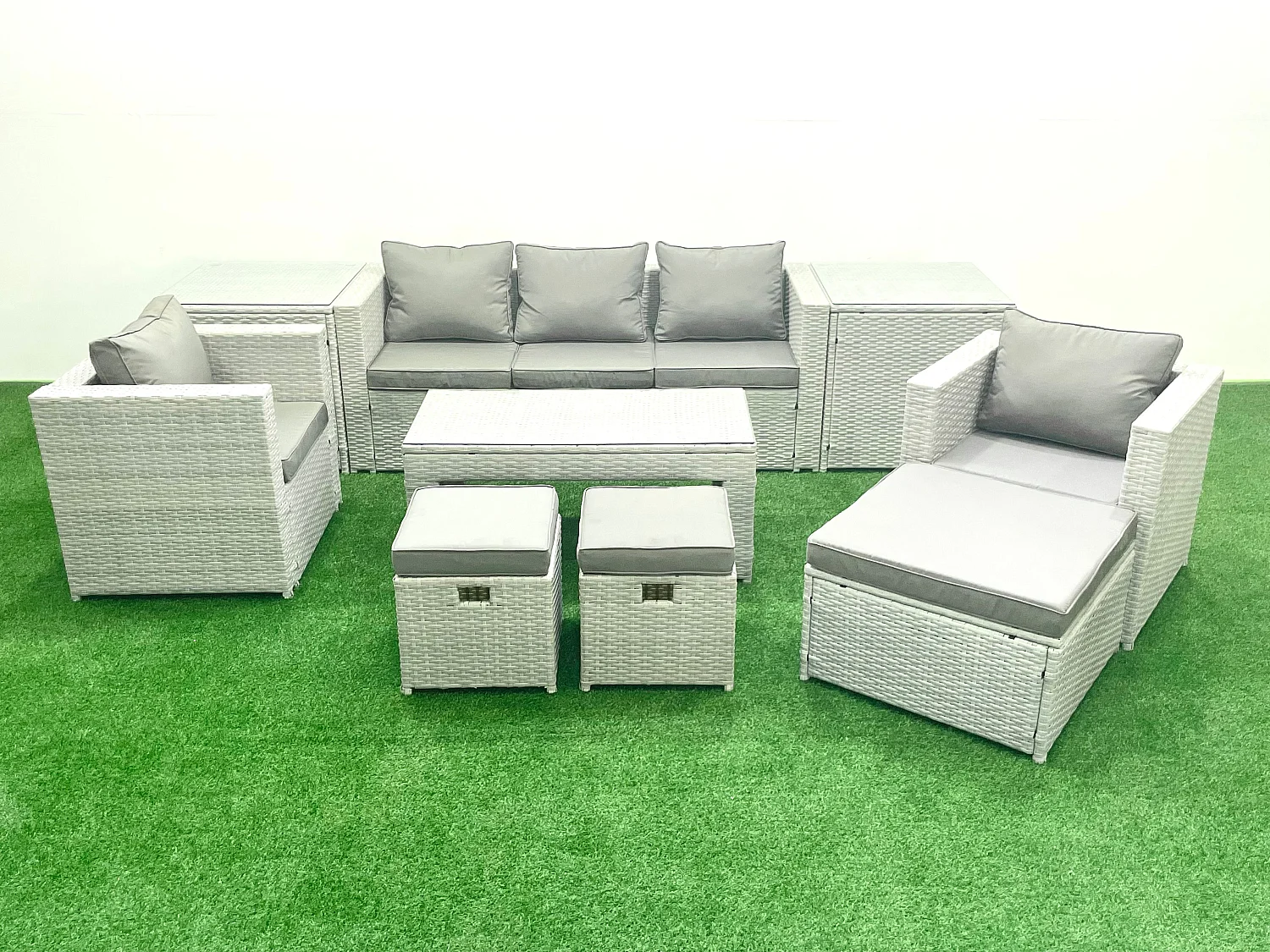 Fimous Rattan Garden Furniture Set 8 Seater Outdoor Garden Sofa Oblong Coffee Table Set with 2 Chairs 3 Stools 2 Side Tables Light Grey Mixed