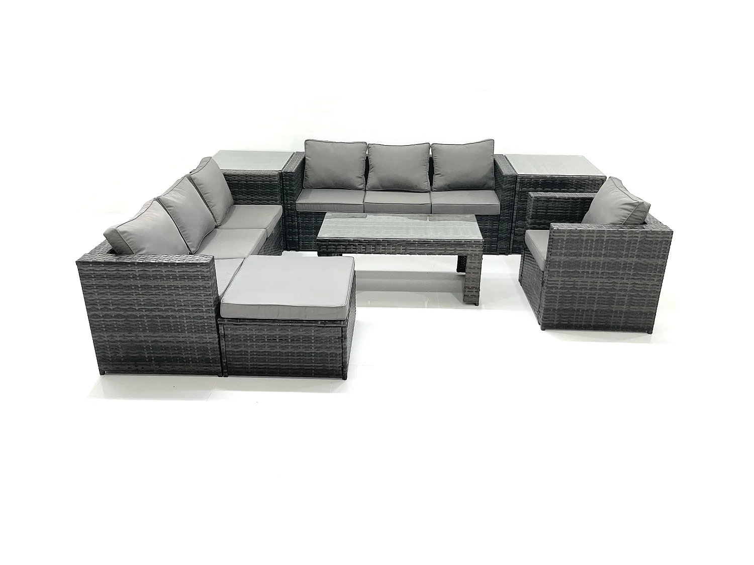 Salon de jardin Ensemble 8 places avec Dessus en verre Table basse 2 Tables d'appoint