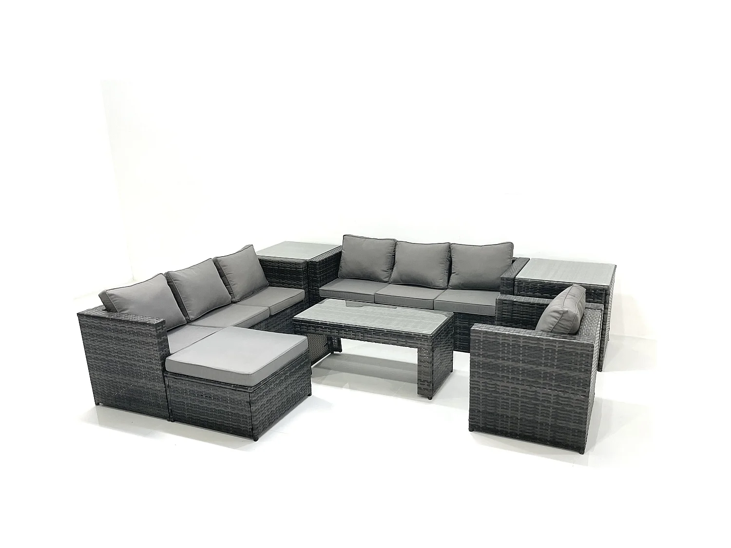 Salon de jardin Ensemble 8 places avec Dessus en verre Table basse 2 Tables d'appoint