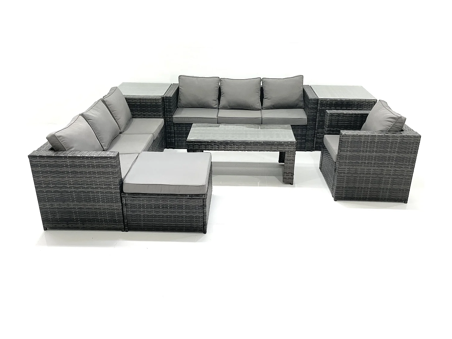 Fimous Rattan Garden Furniture Set Outdoor 8 Seater Patio Conversation Sets with Glass Top Coffee Table 2 Side Tables