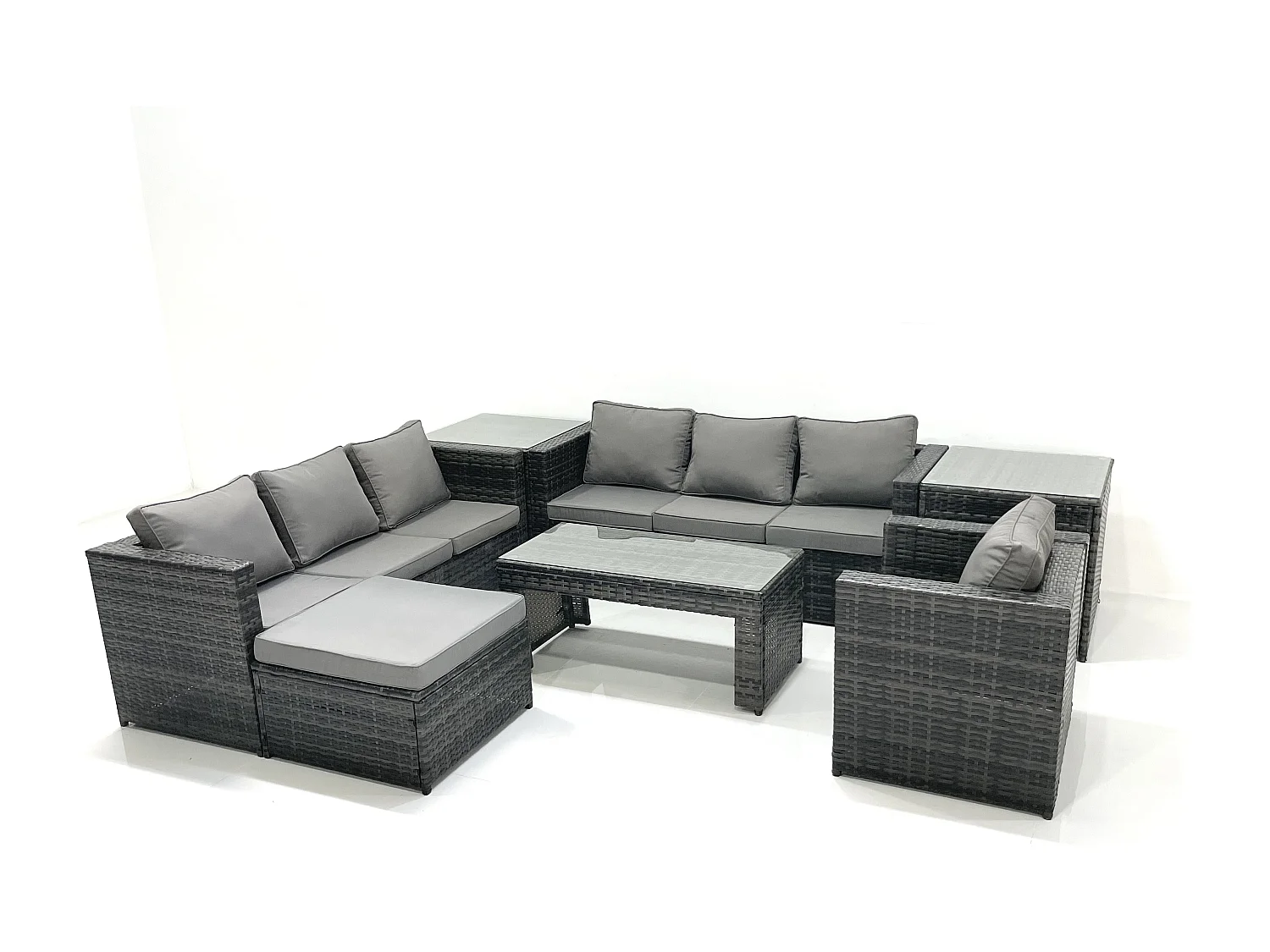Fimous Rattan Garden Furniture Set Outdoor 8 Seater Patio Conversation Sets with Glass Top Coffee Table 2 Side Tables