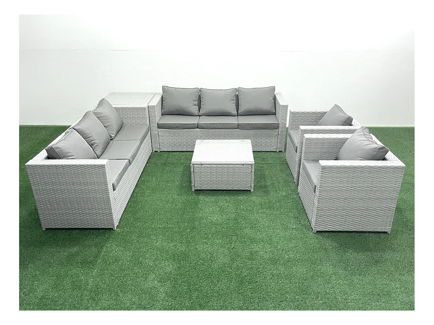 Salon de Jardin en rotin avec 2 Fauteuil Table basse carrée Table d'appoint Gris clair mixte