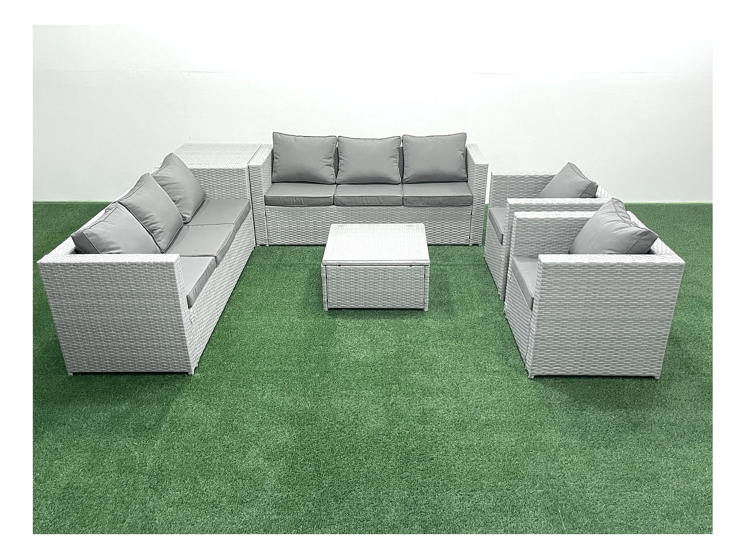 Salon de Jardin en rotin avec 2 Fauteuil Table basse carrée Table d'appoint Gris clair mixte