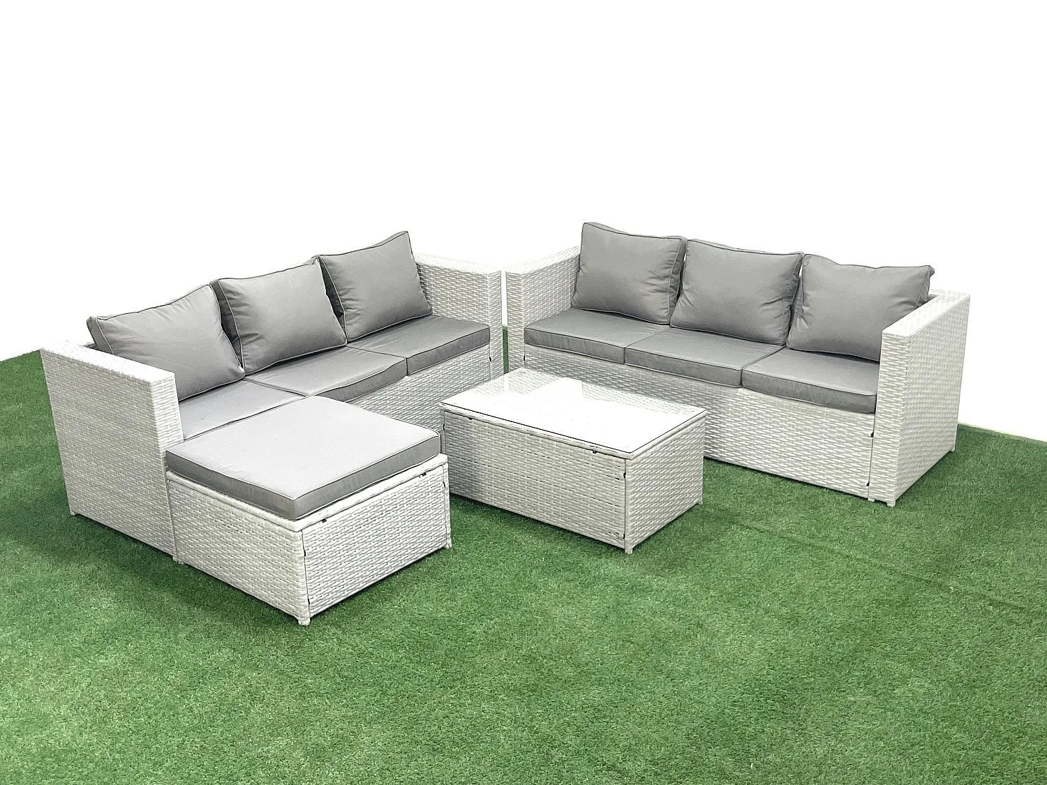 Garten Polyrattanmöbel Set 7-Sitzer Rattan Garten Sofa Set mit 2 Großer Hockern Hellgrau gemischt