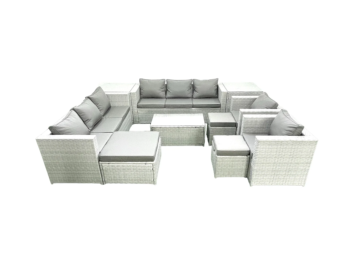 Rattan Sofa Gartenmöbel Set mit 2 Sesseln Rechteckiger Couchtisch 3 Hockern 2 Beistelltischen Hellgrau gemischt
