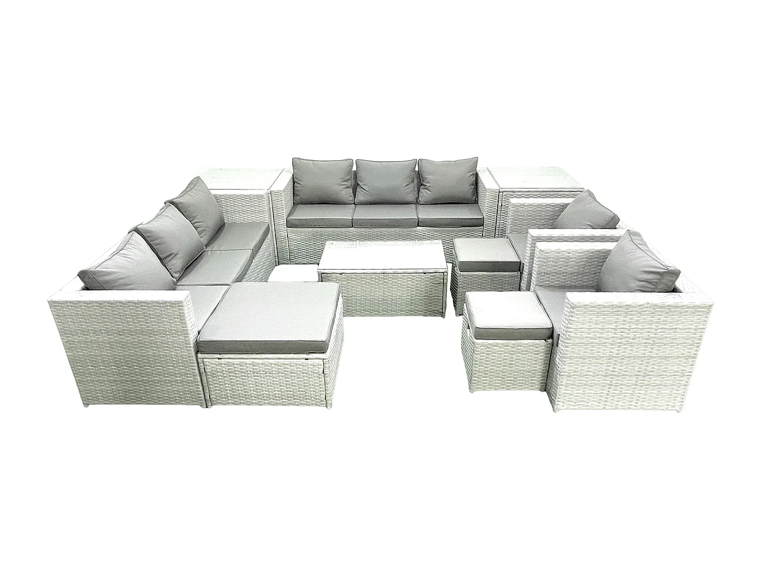 Salon de Jardin en rotin avec 2 Fauteuil Table basse oblongue 3 Tabourets 2 Tables d'appoint Gris clair mixte