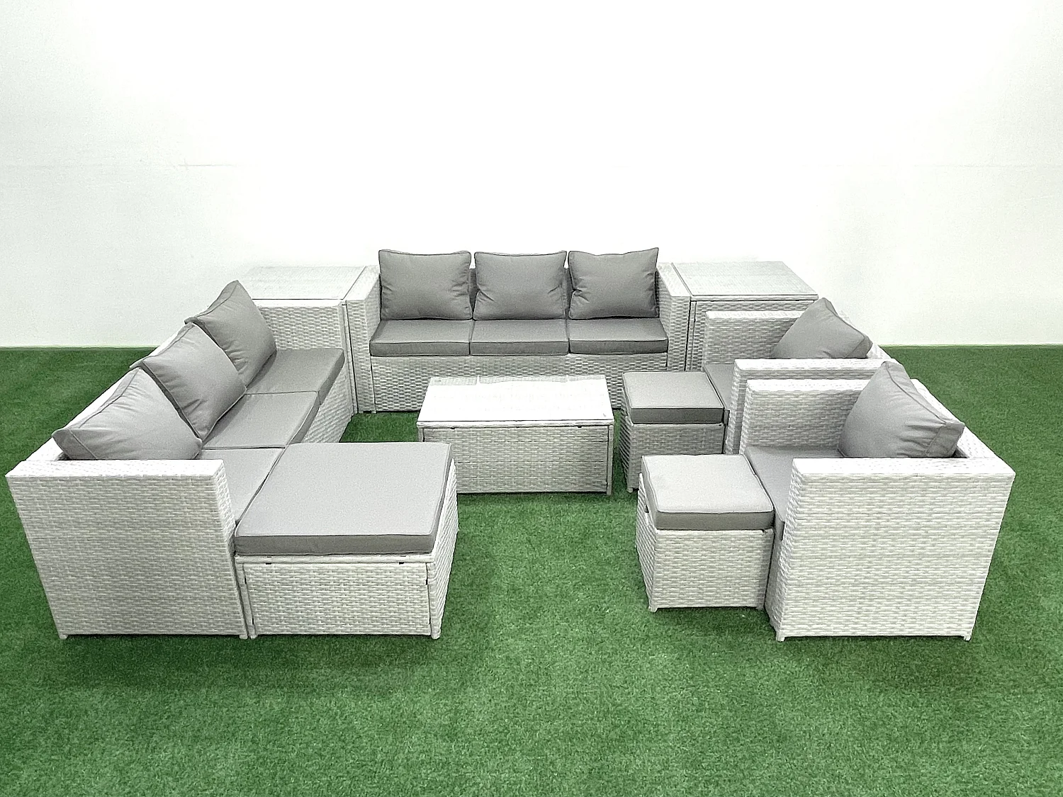 Salon de Jardin en rotin avec 2 Fauteuil Table basse oblongue 3 Tabourets 2 Tables d'appoint Gris clair mixte