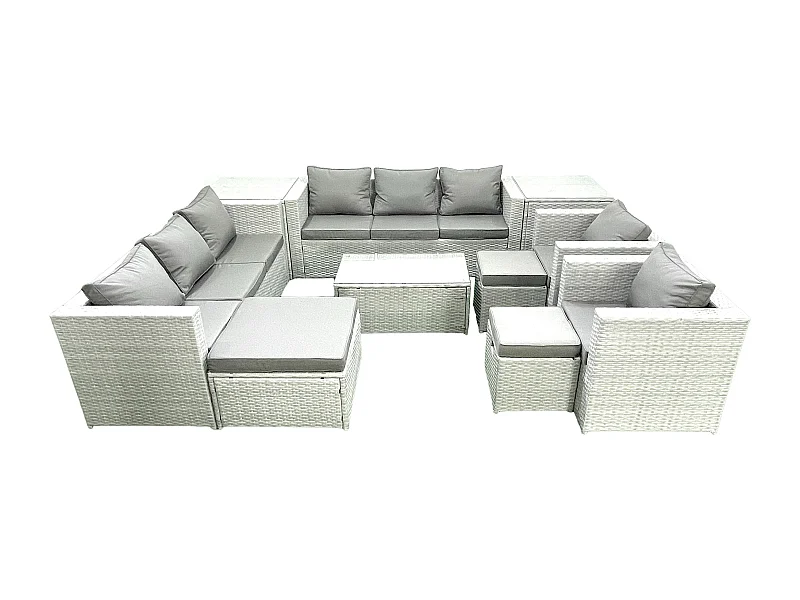 Salon de Jardin en rotin avec 2 Fauteuil Table basse oblongue 3 Tabourets 2 Tables d'appoint Gris clair mixte