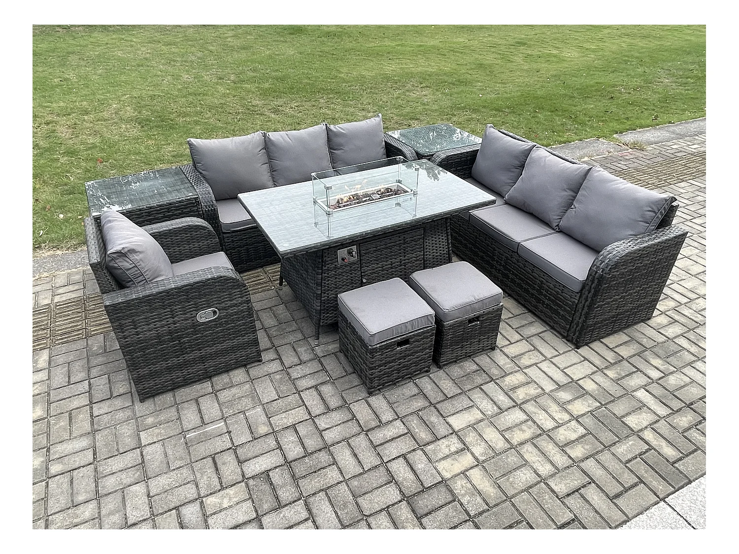 9 places Salon de jardin Table de foyer à gaz Chaise inclinable Canapé 3 places Intérieur Extérieur avec Table d'appoint 2 Petits tabourets