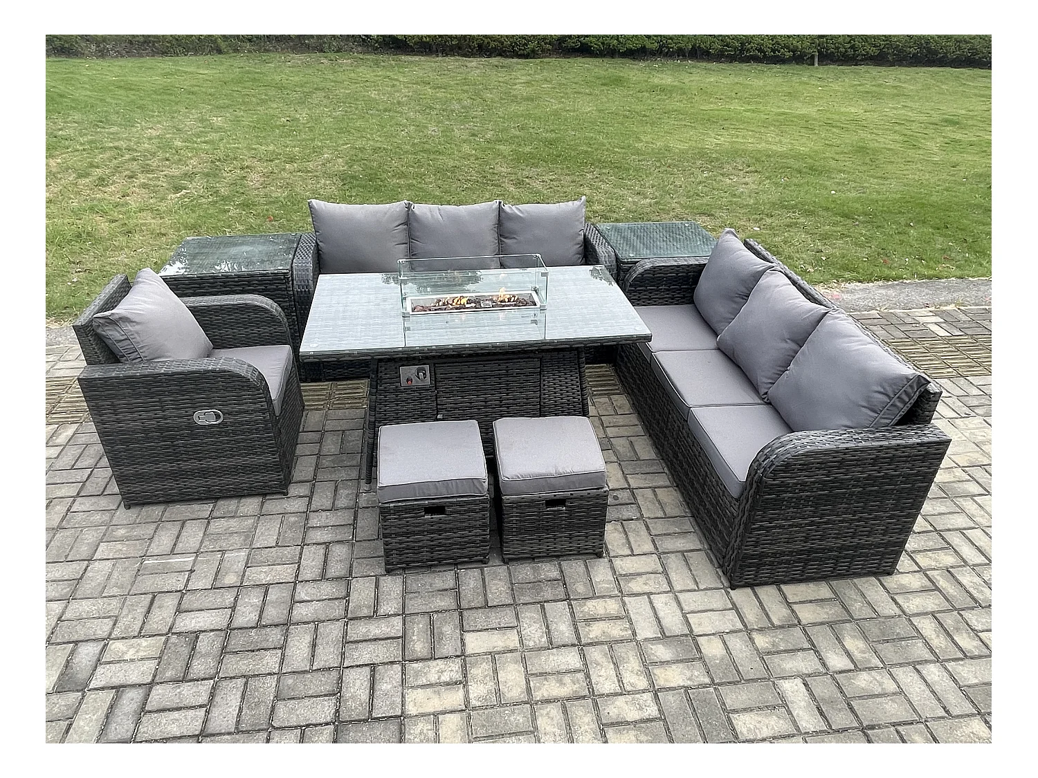 9 places Salon de jardin Table de foyer à gaz Chaise inclinable Canapé 3 places Intérieur Extérieur avec Table d'appoint 2 Petits tabourets