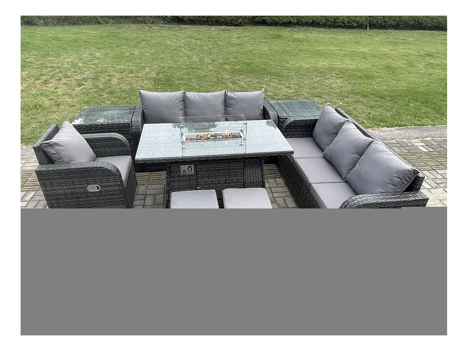 9 places Salon de jardin Table de foyer à gaz Chaise inclinable Canapé 3 places Intérieur Extérieur avec Table d'appoint 2 Petits tabourets