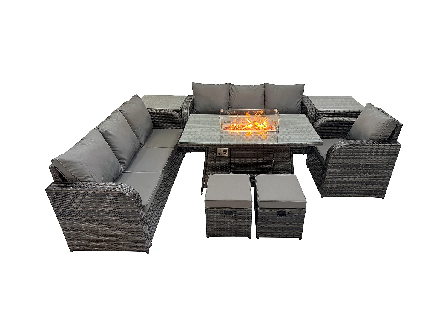 9-Sitzer Polyrattan Gartenmöbel Set Gas Feuerstelle Esstisch Liegestühle 3-Sitzer Sofa Set mit Beistelltisch 2 kleine Fußhockern