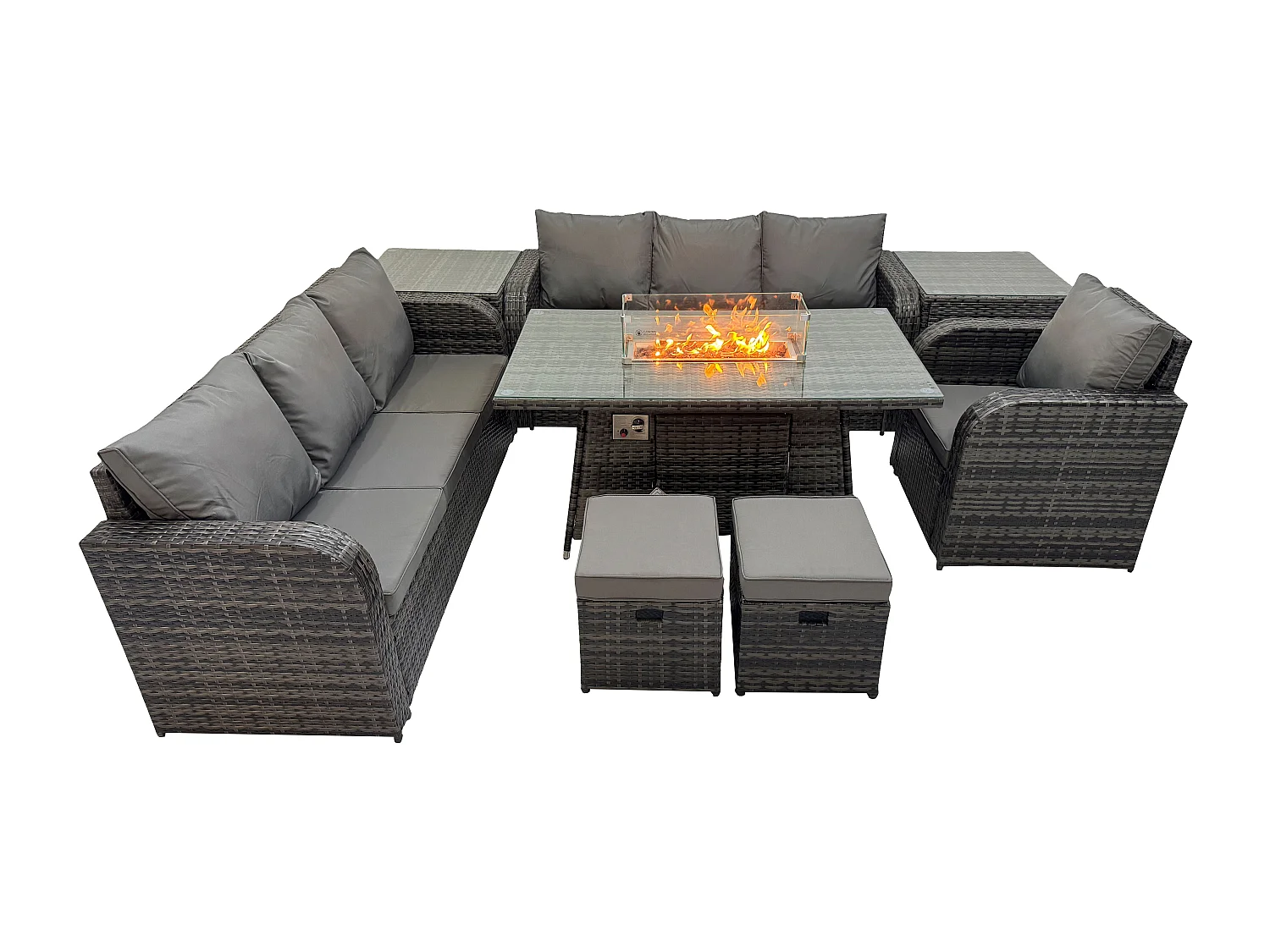 9-Sitzer Polyrattan Gartenmöbel Set Gas Feuerstelle Esstisch Liegestühle 3-Sitzer Sofa Set mit Beistelltisch 2 kleine Fußhockern