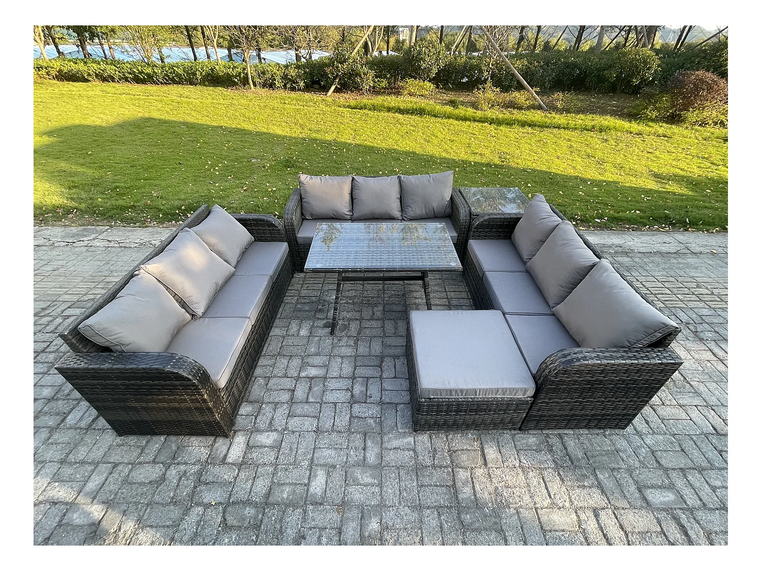 10 places Salon de jardin avec Table à manger rectangulaire Grand tabouret Table d'appoint Patio Ensemble de canapés en rotin