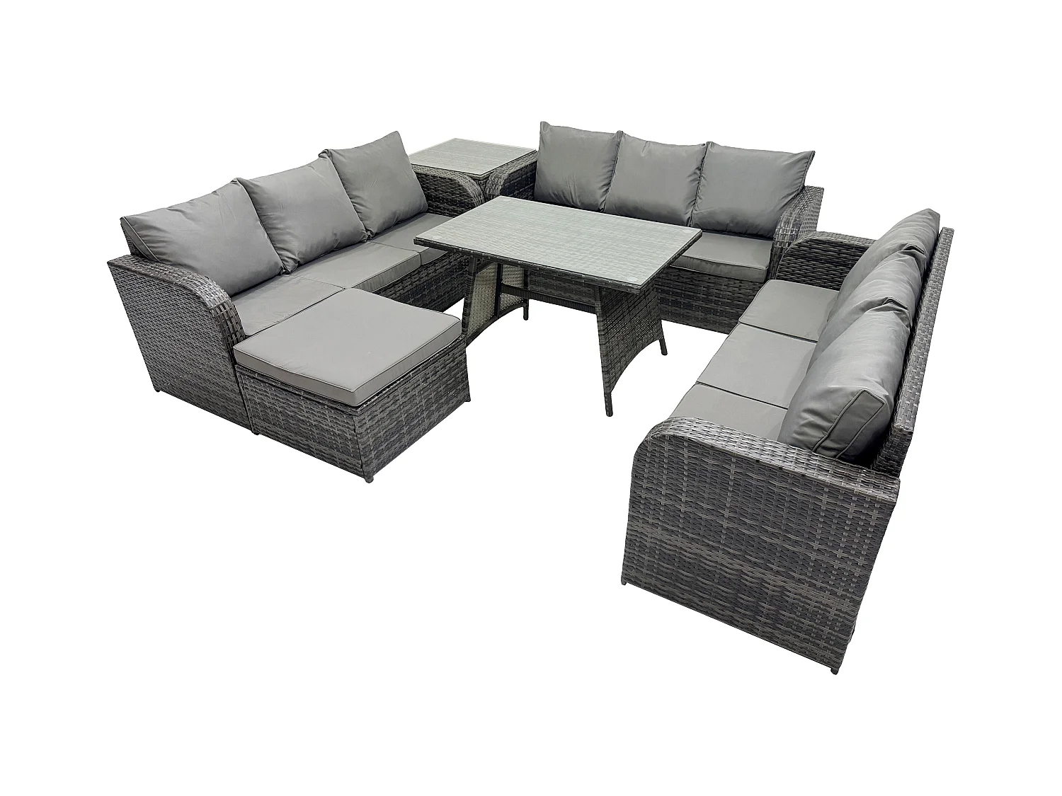 10-Sitzer Polyrattan Gartenmöbel Set mit Rechteckiger Esstisch 2 Großer Hockern Beistelltisch Polyrattan Garten Sofa im Freien Set