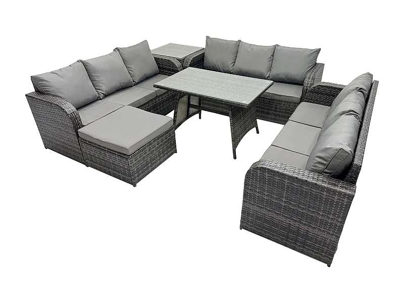 10 places Salon de jardin avec Table à manger rectangulaire Grand tabouret Table d'appoint Patio Ensemble de canapés en rotin