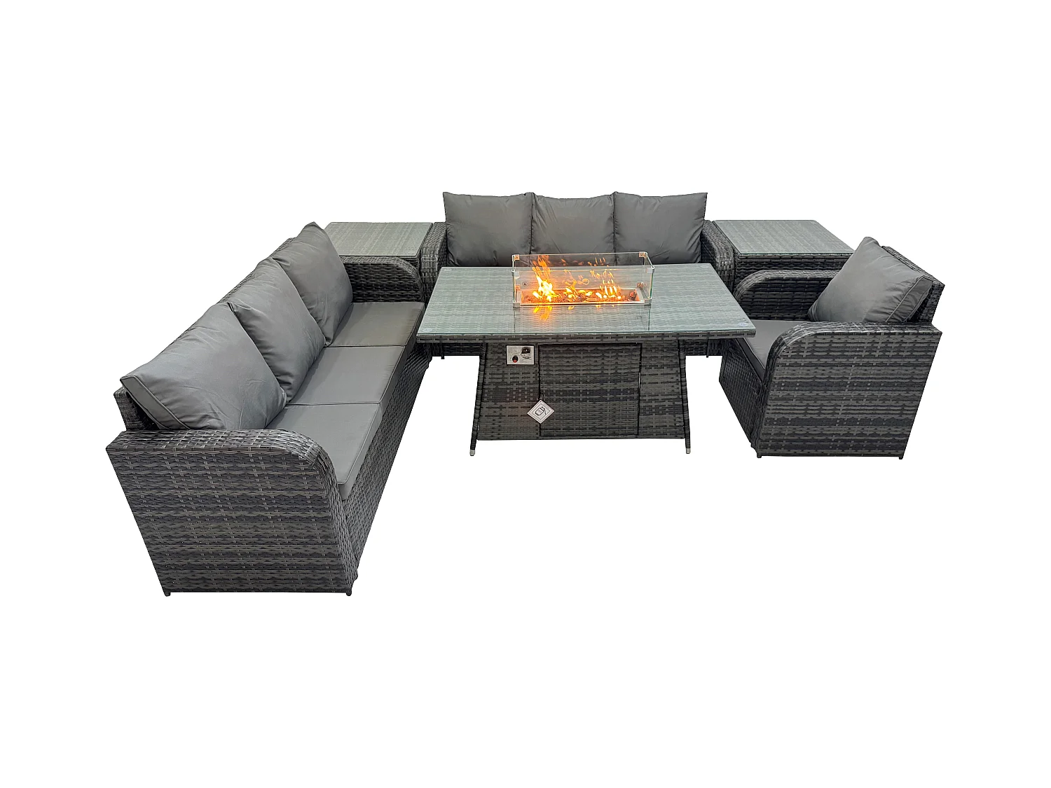 Rattan Gartenmöbel Set im Balkon Gas Feuerstelle Tisch Liegestühle 3-Sitzer Sofa Sets mit 2 Beistelltischen 7-Sitzer