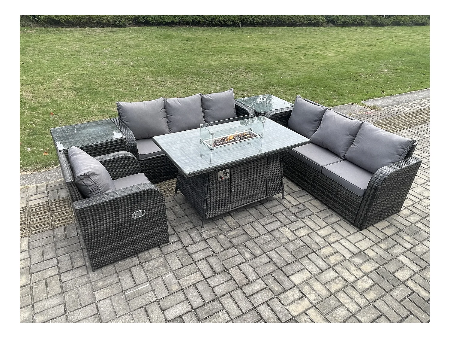 Rattan Gartenmöbel Set im Balkon Gas Feuerstelle Tisch Liegestühle 3-Sitzer Sofa Sets mit 2 Beistelltischen 7-Sitzer