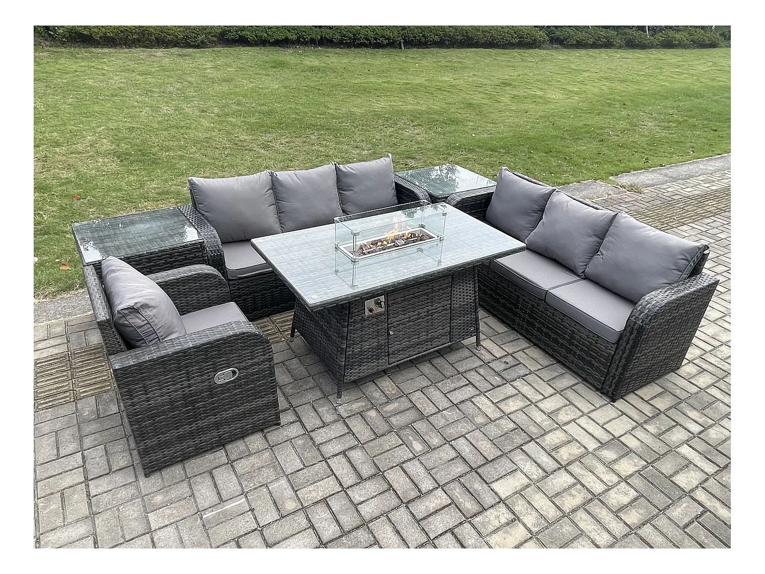 Rattan Gartenmöbel Set im Balkon Gas Feuerstelle Tisch Liegestühle 3-Sitzer Sofa Sets mit 2 Beistelltischen 7-Sitzer
