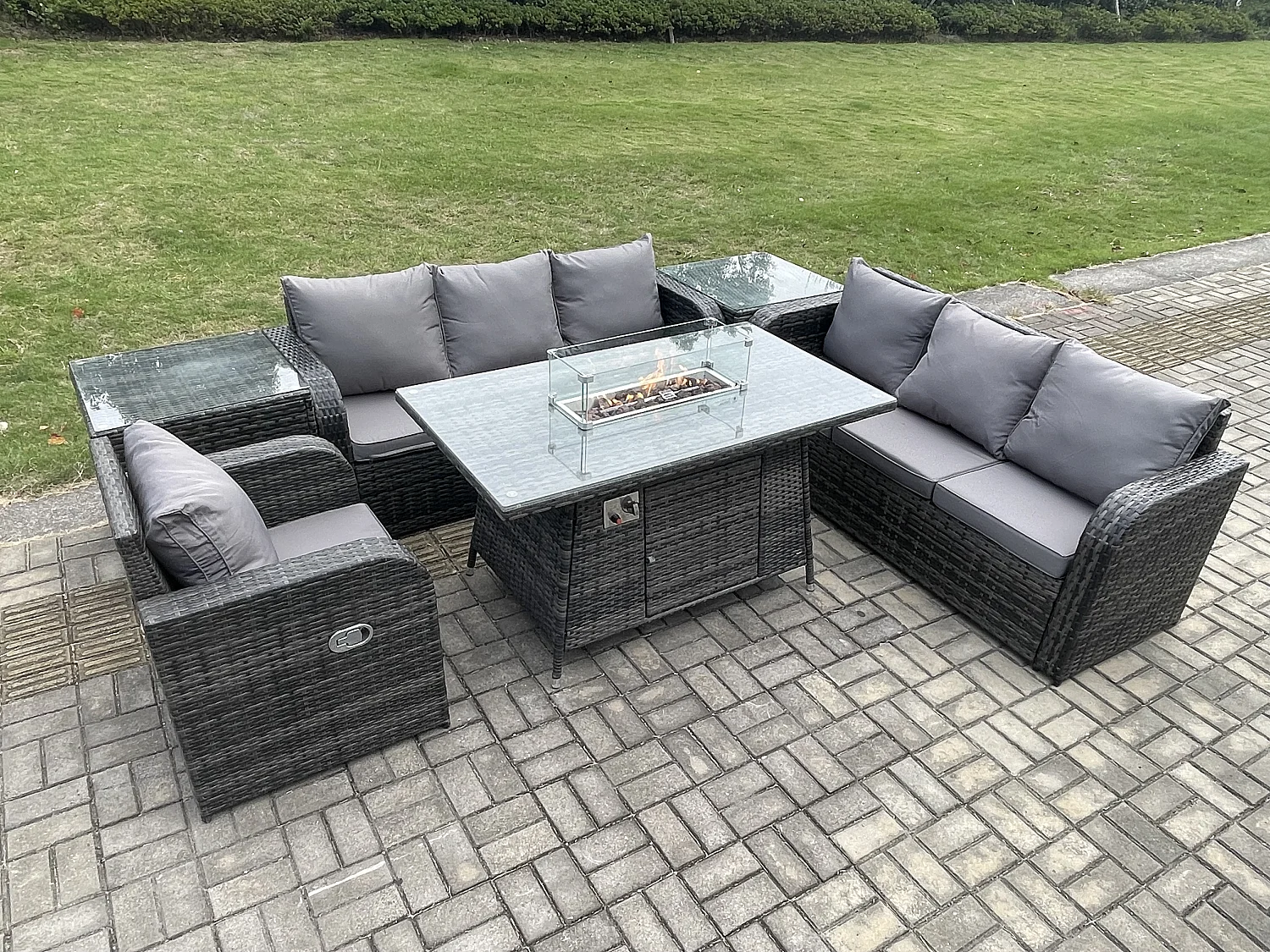 Ensemble Repas de Jardin Exterieur Table de foyer à gaz Chaise inclinable Canapé 3 places et avec 2 Tables d'appoint 7 places