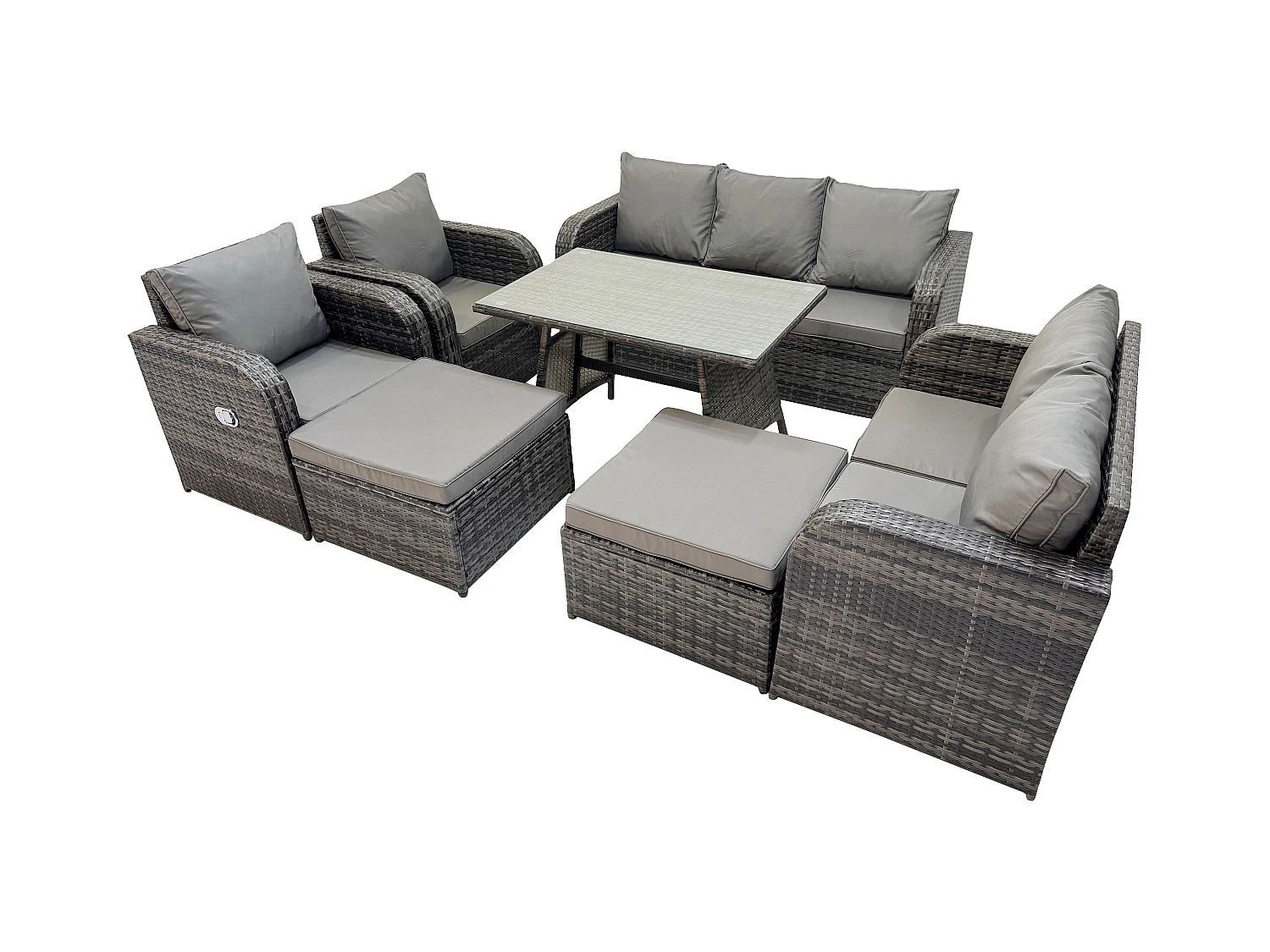 Salon de jardin exterieur 9 places Table à manger rectangulaire 2 Grand tabourets Canapé d'amour Gris foncé mixte