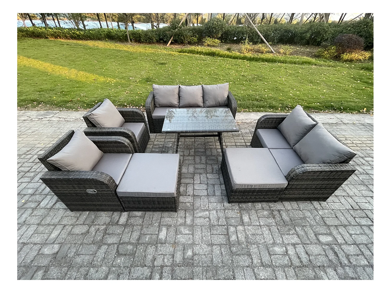 Salon de jardin exterieur 9 places Table à manger rectangulaire 2 Grand tabourets Canapé d'amour Gris foncé mixte