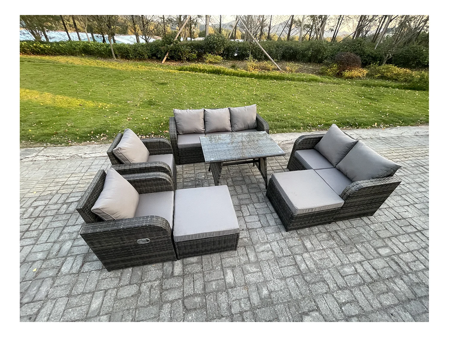 Salon de jardin exterieur 9 places Table à manger rectangulaire 2 Grand tabourets Canapé d'amour Gris foncé mixte