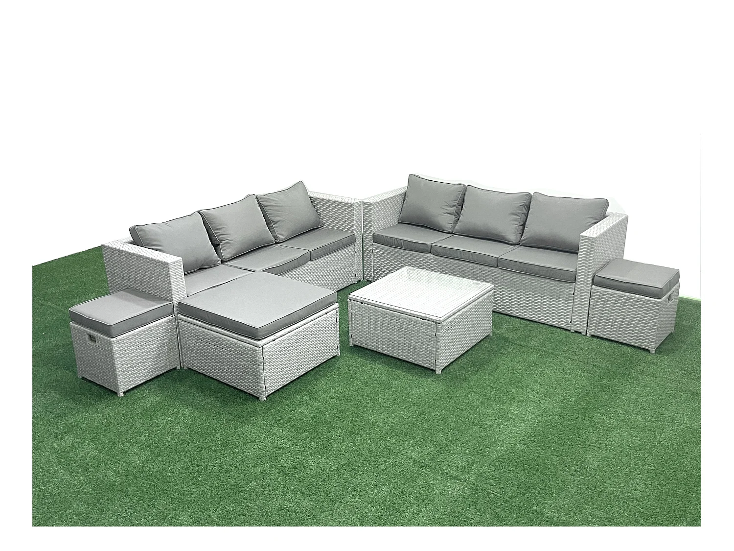 Ensemble de meubles de jardin en rotin 9 places Ensemble de canapés de jardin avec 3 Tabourets Gris clair mixte