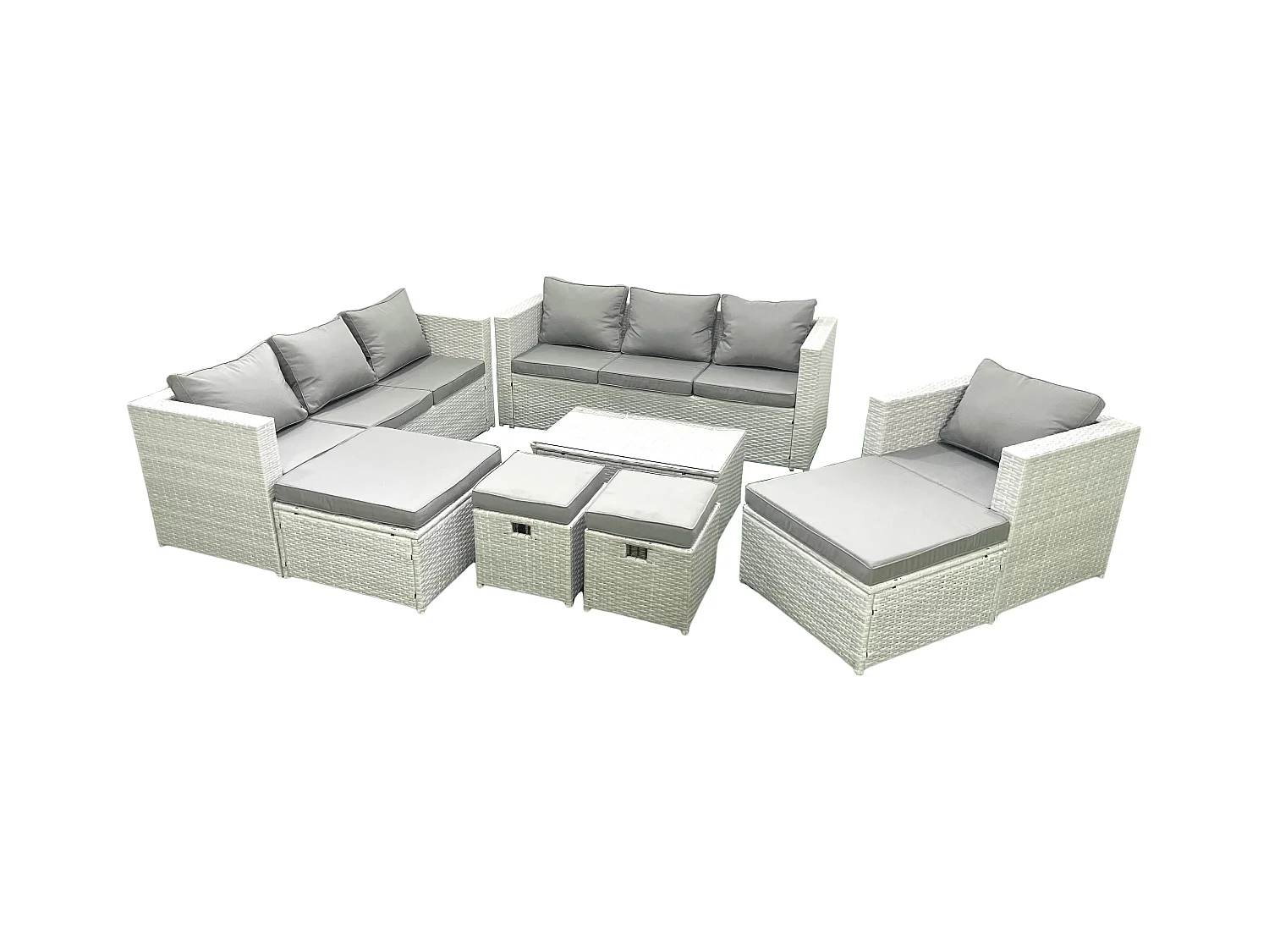 Polyrattan Gartenmöbel Set 8 Stücke Garten Sofa Stuhl Couchtisch Set mit 4 Hockern Hellgrau gemischt