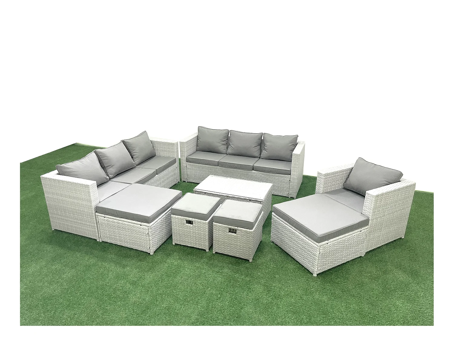 Polyrattan Gartenmöbel Set 8 Stücke Garten Sofa Stuhl Couchtisch Set mit 4 Hockern Hellgrau gemischt