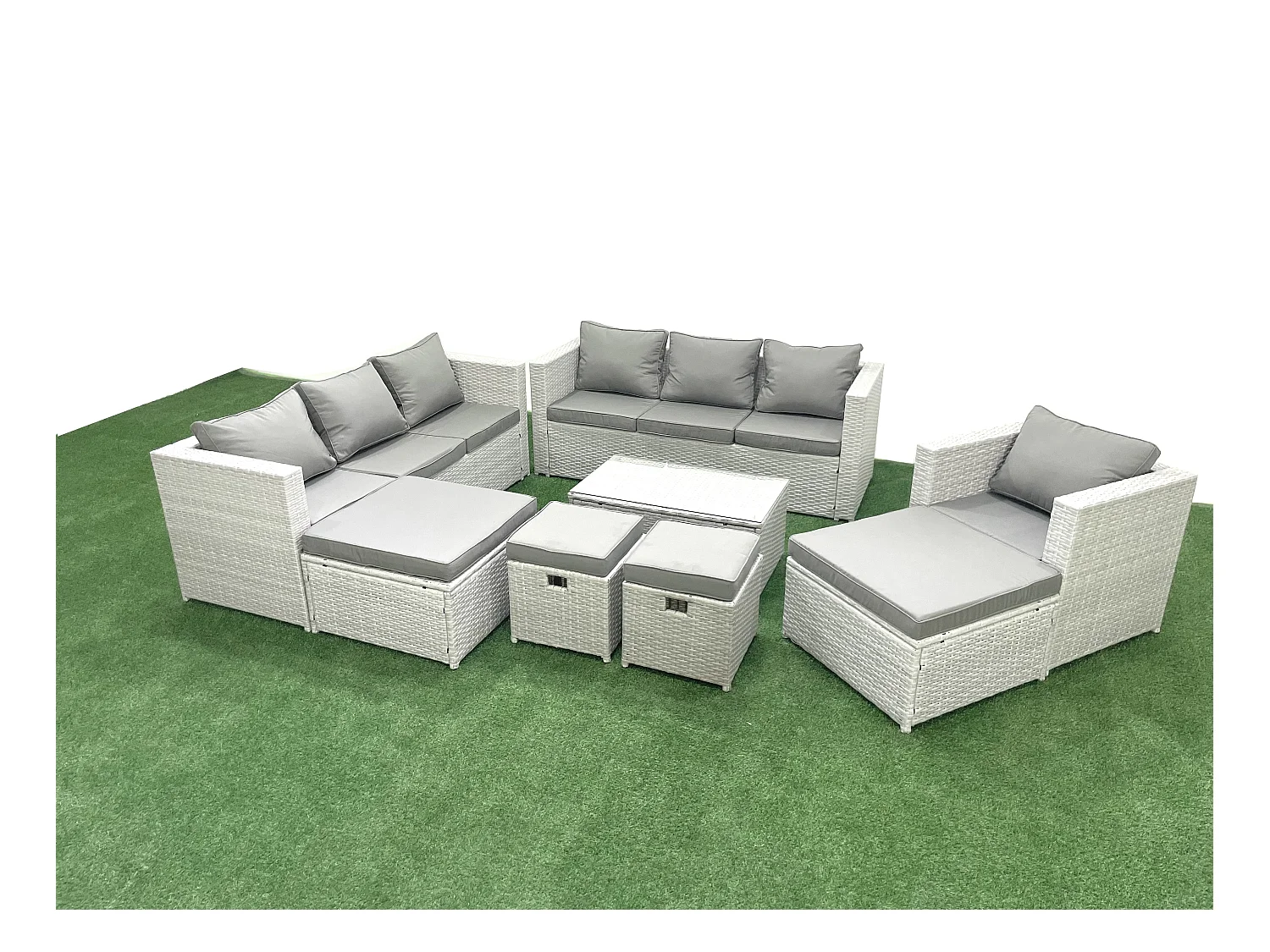 Polyrattan Gartenmöbel Set 8 Stücke Garten Sofa Stuhl Couchtisch Set mit 4 Hockern Hellgrau gemischt
