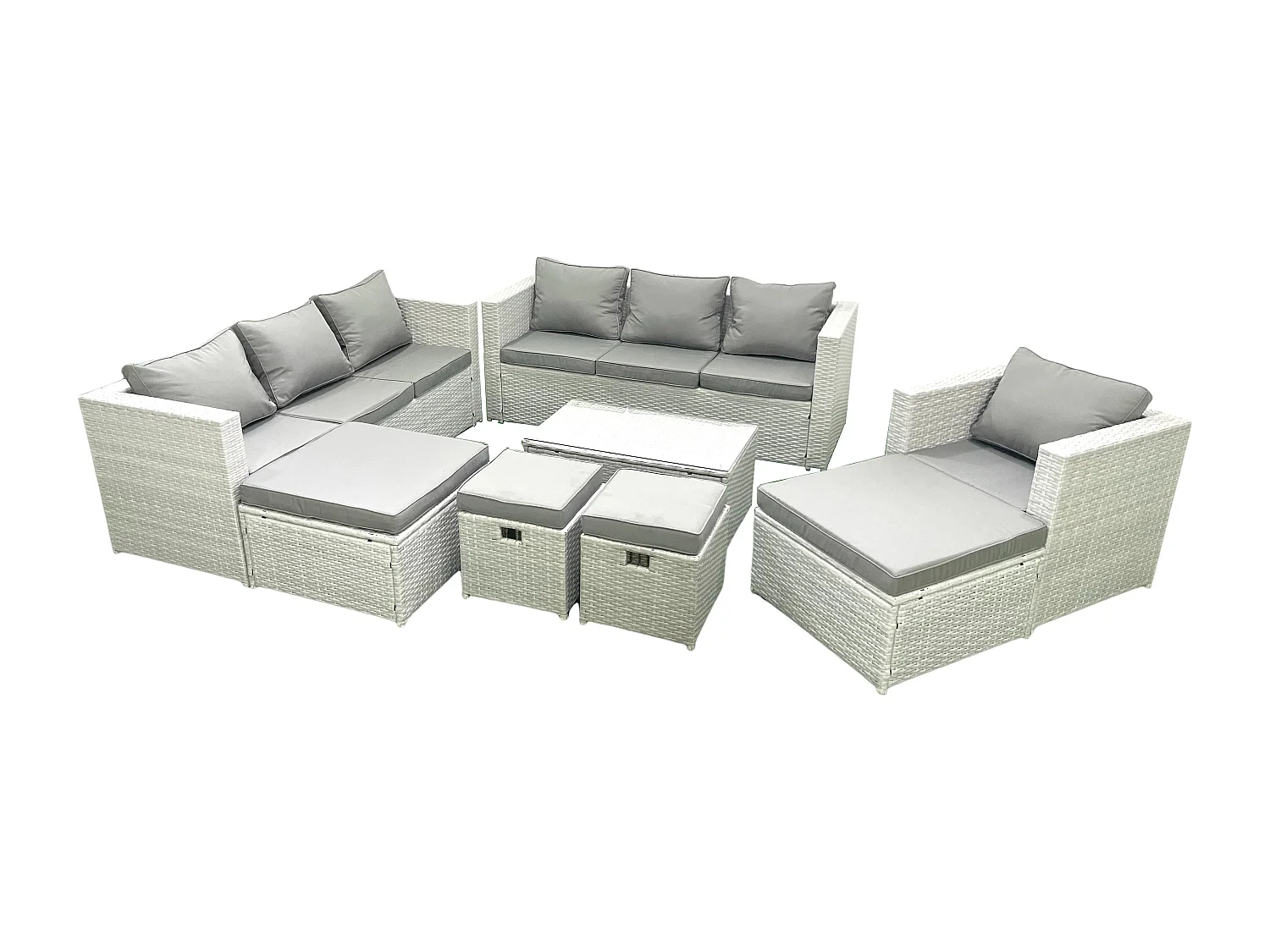 Salon de jardin 8 Pièces Canapé de jardin avec Fauteuil Table basse 4 Tabourets Gris clair mixte