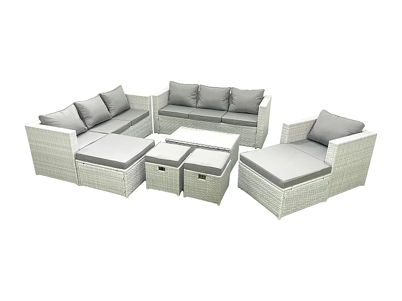 Salon de jardin 8 Pièces Canapé de jardin avec Fauteuil Table basse 4 Tabourets Gris clair mixte