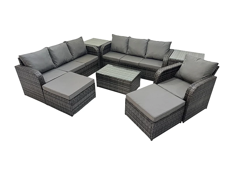 9 places Ensemble de canapés en rotin salon de jardin avec Table basse rectangulaire Canapé 3 places 2 Grand tabourets 2 Tables d'appoint Gris foncé mixte