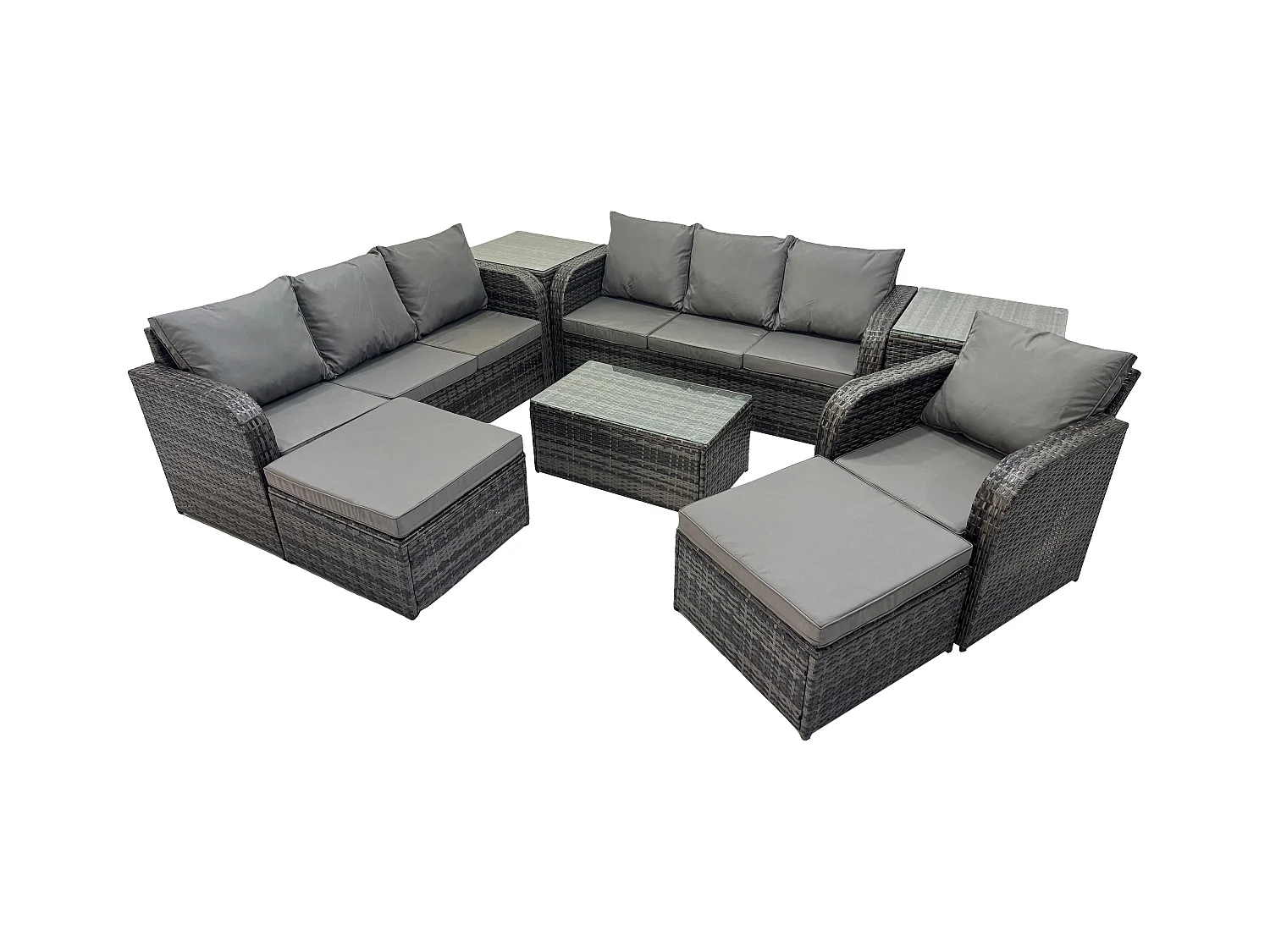 9 places Ensemble de canapés en rotin salon de jardin avec Table basse rectangulaire Canapé 3 places 2 Grand tabourets 2 Tables d'appoint Gris foncé mixte