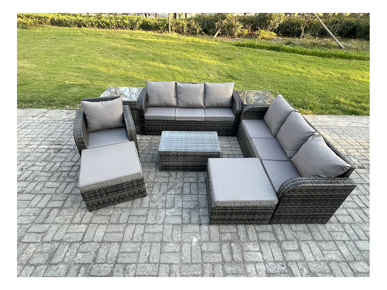 9 places Ensemble de canapés en rotin salon de jardin avec Table basse rectangulaire Canapé 3 places 2 Grand tabourets 2 Tables d'appoint Gris foncé mixte