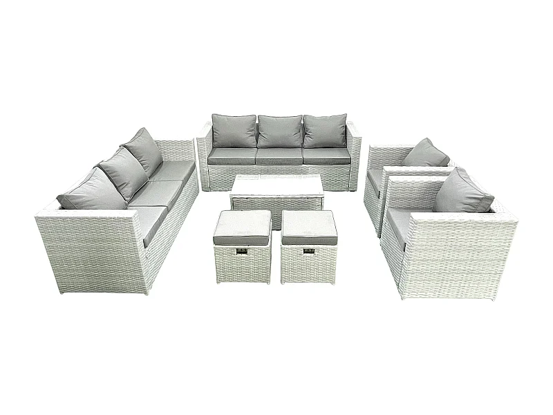Rattan Sofa Gartenmöbel Set mit 2 Sesseln Rechteckiger Couchtisch 2 kleine Fußhockern Hellgrau gemischt