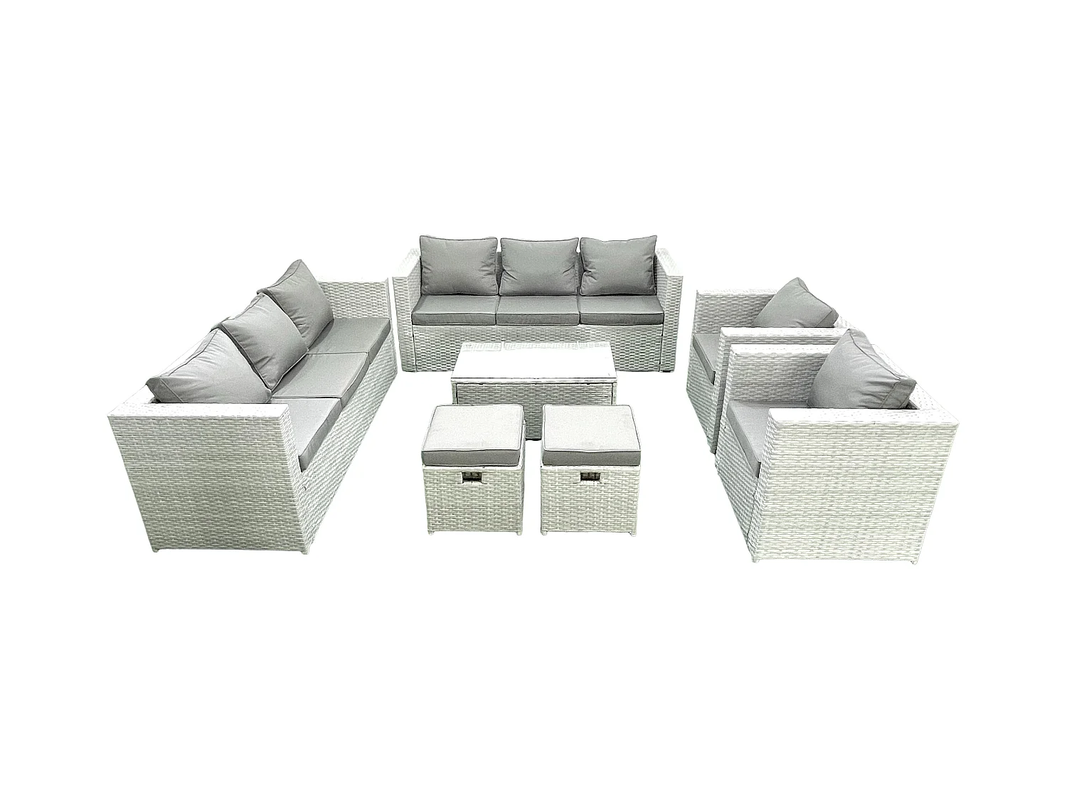 Rattan Sofa Gartenmöbel Set mit 2 Sesseln Rechteckiger Couchtisch 2 kleine Fußhockern Hellgrau gemischt