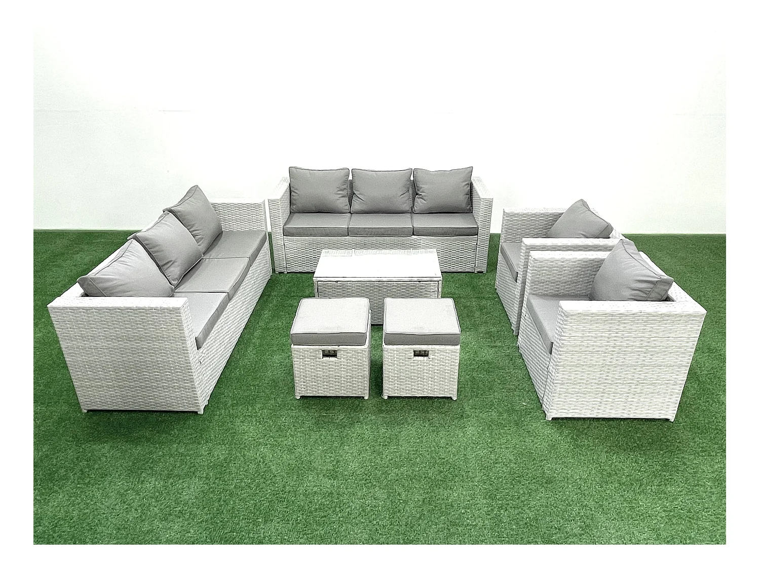 Rattan Sofa Gartenmöbel Set mit 2 Sesseln Rechteckiger Couchtisch 2 kleine Fußhockern Hellgrau gemischt