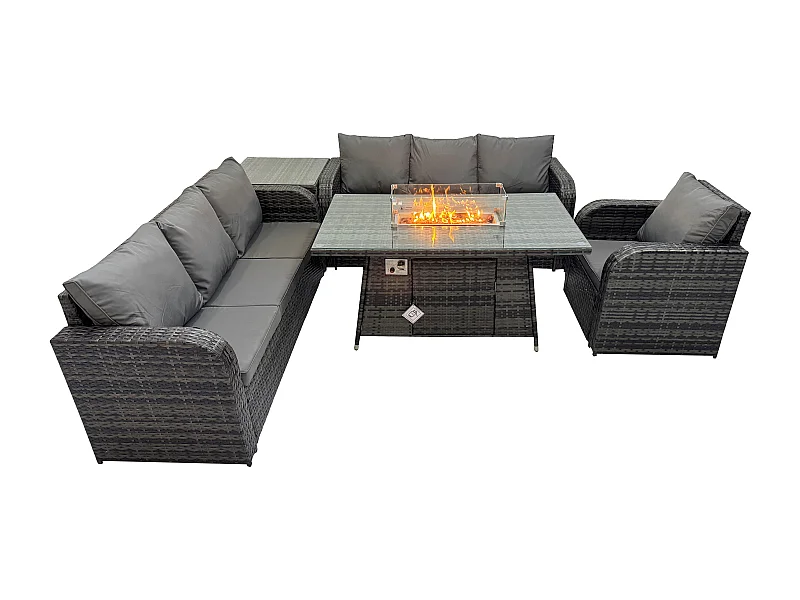 Rattan Gartenmöbel Set im Balkon Gas Feuerstelle Tisch Liegestühle 3-Sitzer Sofa Sets mit Beistelltisch 7-Sitzer