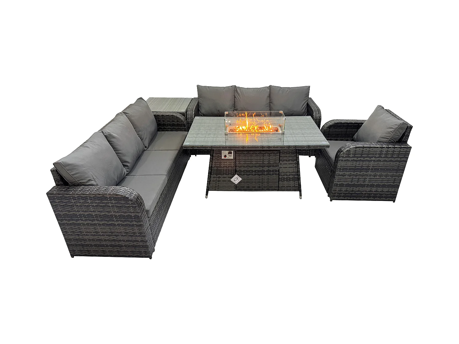 Rattan Gartenmöbel Set im Balkon Gas Feuerstelle Tisch Liegestühle 3-Sitzer Sofa Sets mit Beistelltisch 7-Sitzer