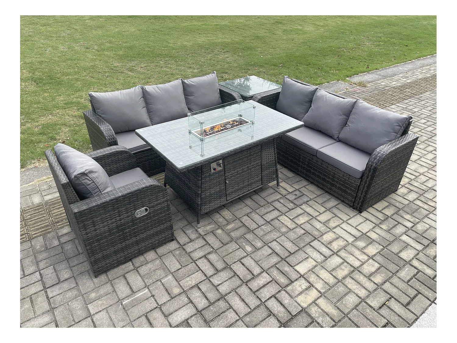 Rattan Gartenmöbel Set im Balkon Gas Feuerstelle Tisch Liegestühle 3-Sitzer Sofa Sets mit Beistelltisch 7-Sitzer