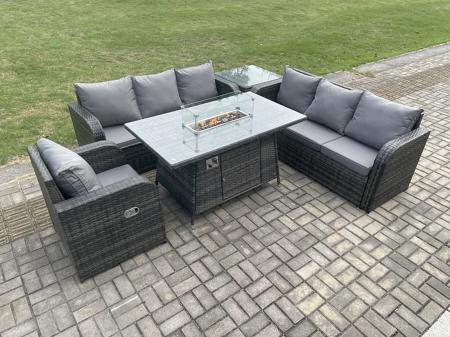 Ensemble Repas de Jardin Exterieur Table de foyer à gaz Chaise inclinable Canapé 3 places et avec Table d'appoint 7 places