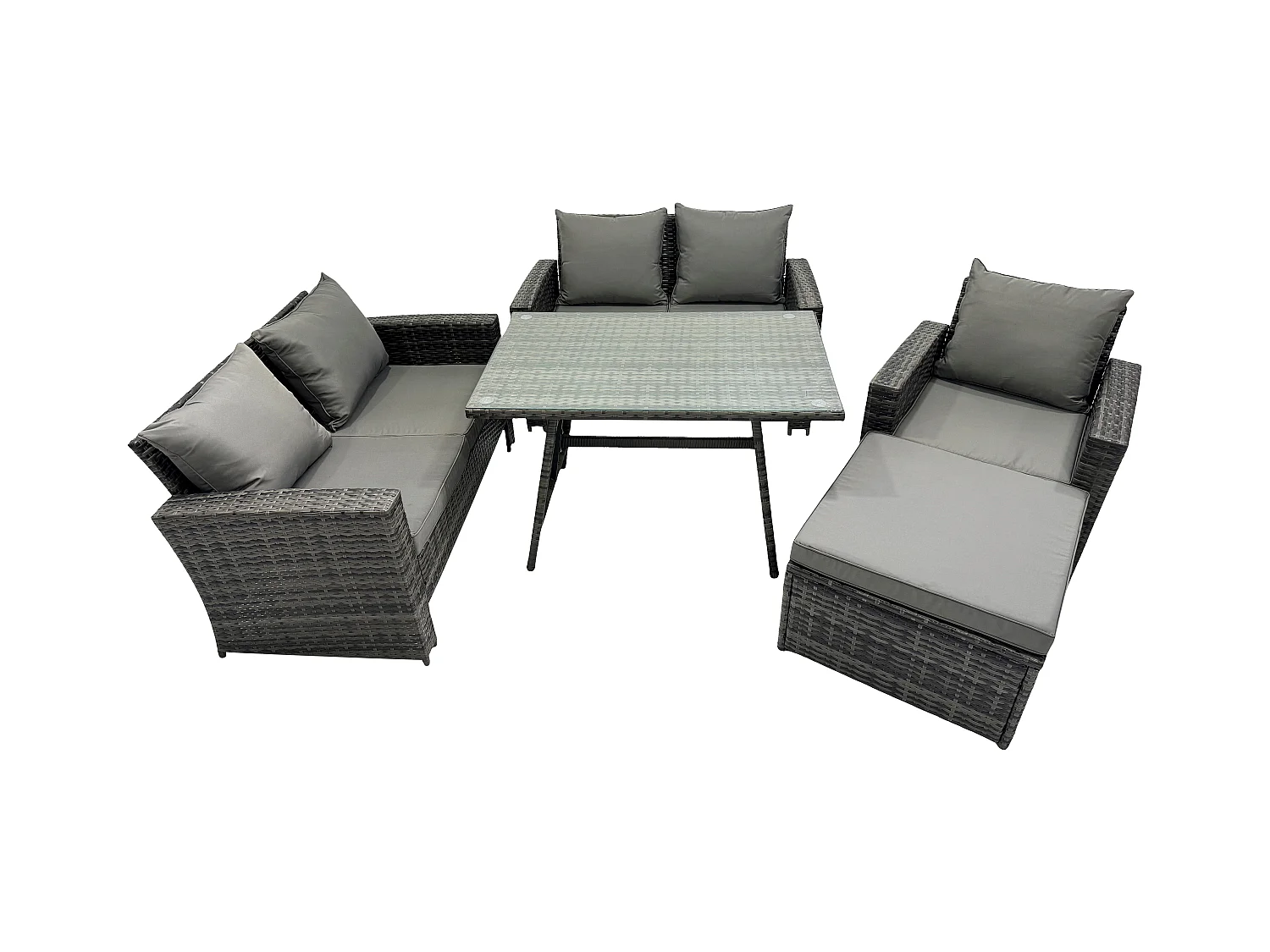 6-Sitzer Polyrattan Garten Esstisch Set Gartenmöbel Sofa mit Rechteckiger Esstisch Doppelsitz Sofa 2 Großer Hockern Dunkelgrau Gemischt