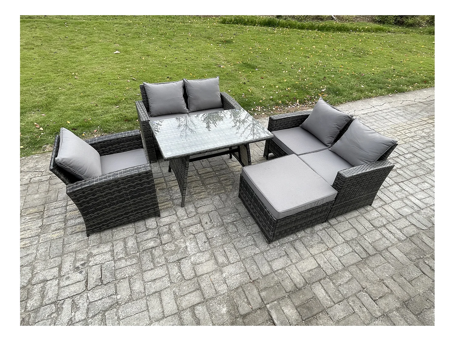 6-Sitzer Polyrattan Garten Esstisch Set Gartenmöbel Sofa mit Rechteckiger Esstisch Doppelsitz Sofa 2 Großer Hockern Dunkelgrau Gemischt